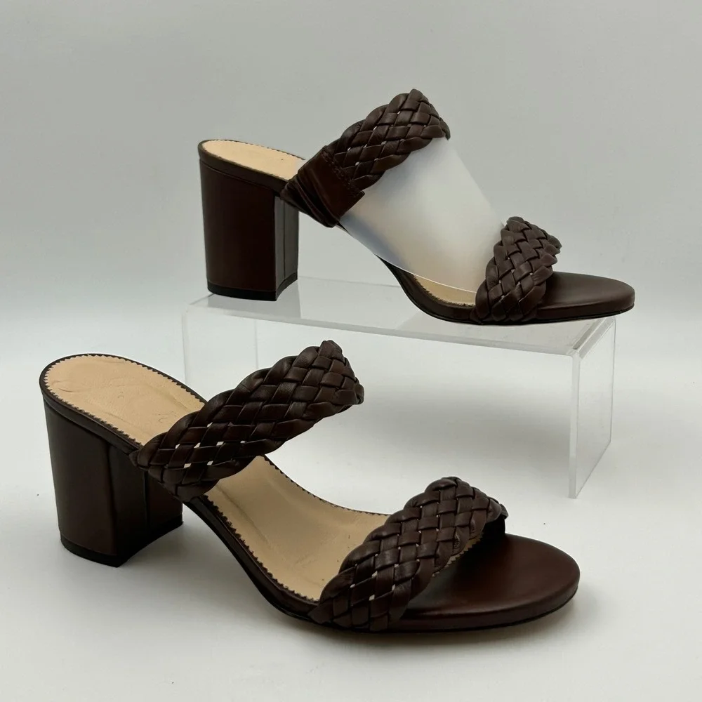 J.Crew Braided Leather Block Heel Sandals Womens 8 Brown Mules Quiet Luxury Boho